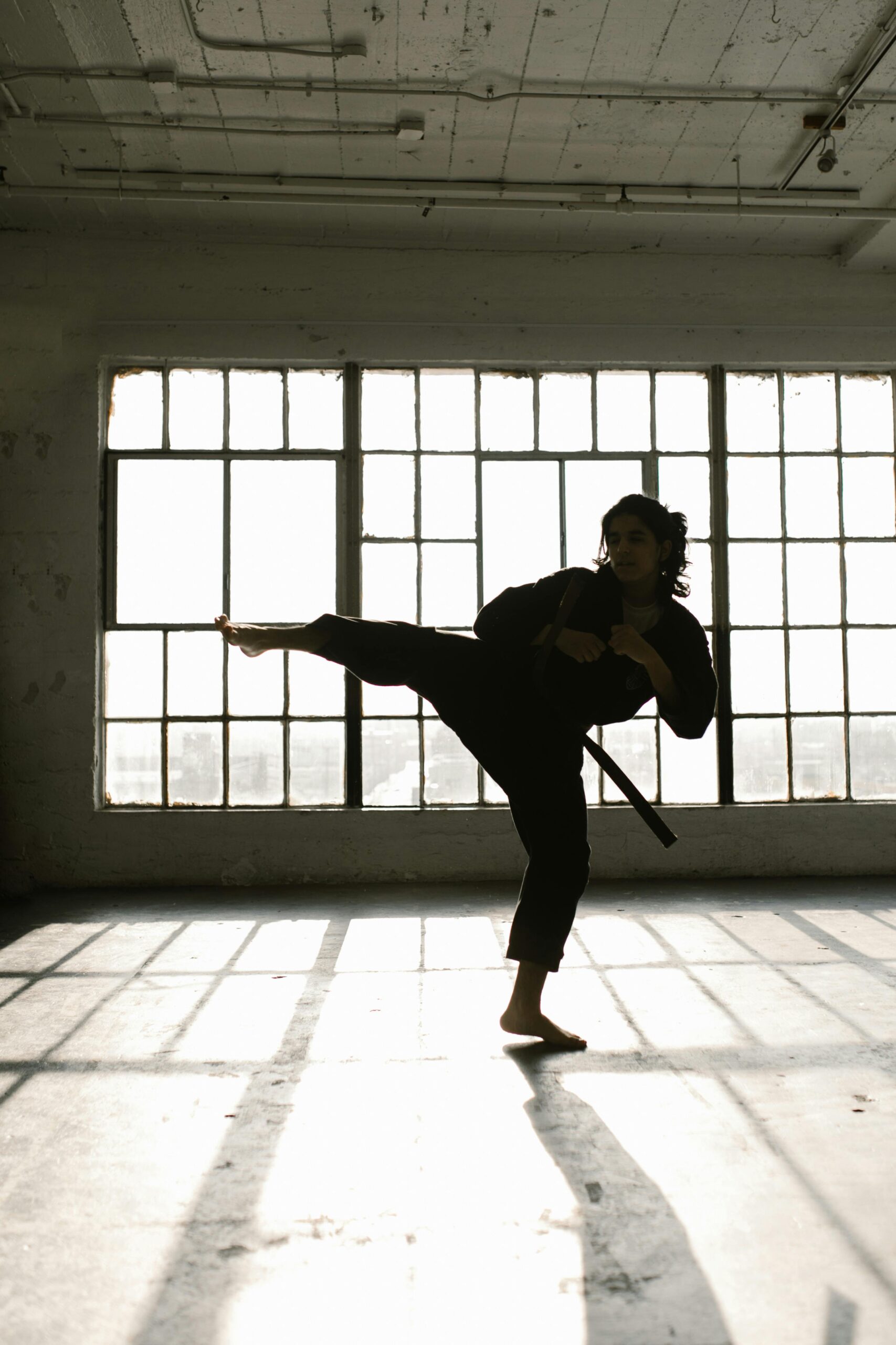 Silhouette of a martial artist performing a high kick in a spacious, sunlit room.